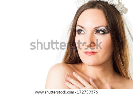 Portrait of beautiful bride woman with creative makeup and body art butterfly  on white background. Makeup, fashion, beauty.