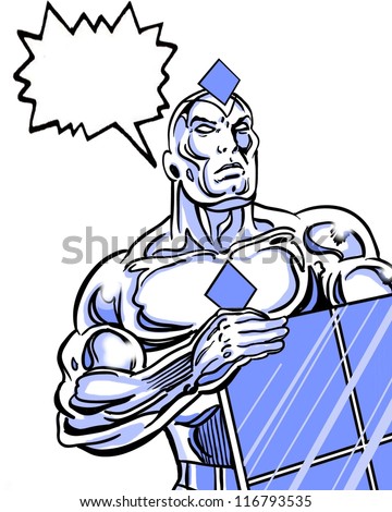 solar powered avenger comic book style character holding a solar panel