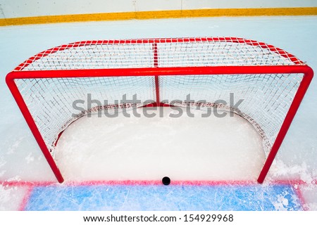 Hockey goal with puck on red line. View from above
