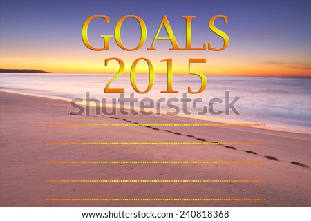 a sunrise image over a beach during golden hour with new year goal\'s golden colored text and dotted lines