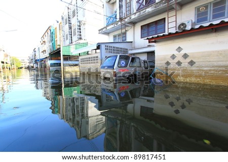 PRATHUMTHANI, THAILAND - NOV 28 : flooded street after flood disaster in Nava nakorn, Prathumthani, Thailand on November 28, 2011.