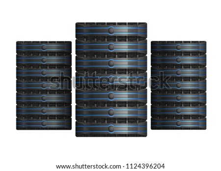 Three server racks with equipment, data center icon, on white background, EPS 10 contains transparency.
