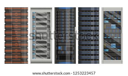 Set of racks with equipment, data center on white background ,illustration of network server, flat design. EPS 10 contains transparency