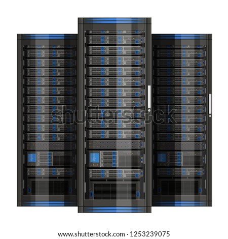 Three server racks with equipment, data center on white background ,illustration of network server, flat design. EPS 10 contains transparency