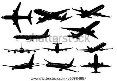 Set of airplanes silhouettes. Planes: in flight, takeoff, running, landing, front, up and profile, vector illustration of aircrafts
