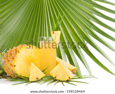 Pineapple juice and slices of pineapple against a palm tree leaf, isolated on white