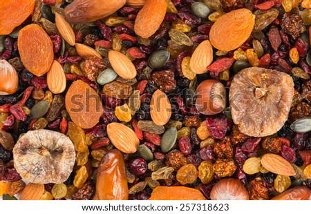 Different varieties mix of dried fruits and nuts for backgrounds or textures