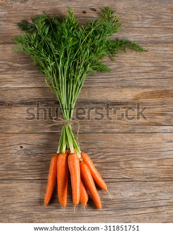Fresh young carrot with green top on a white rustic wooden table, top view
