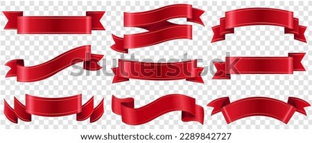 Red Ribbons Set Isolated White Background , Vector Illustration