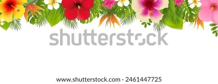 Tropical Flowers And Palm Tree Branch Frame With Gradient Mesh, Vector Illustration