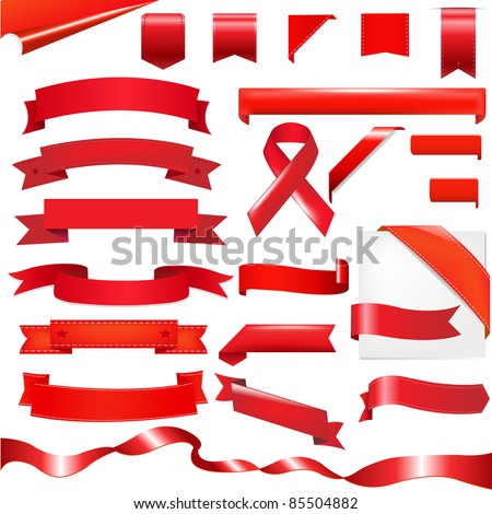 Red Ribbons Set, Isolated On White Background, Vector Illustration
