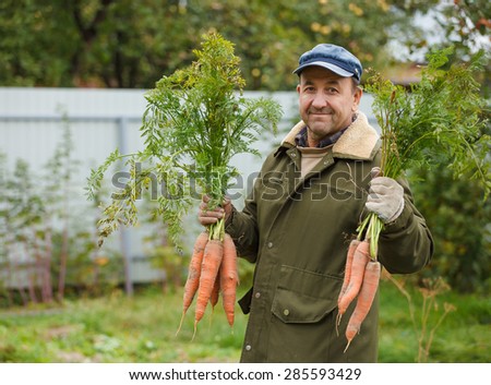 Happy Peasant with good harvest of carrots on his garden