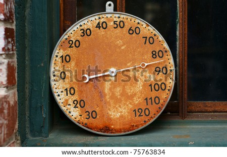 Antique, Rusted, Outdoor Thermometer sitting in an old window sill.