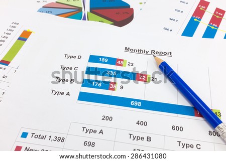 Financial paper charts and graphs point to Monthly report.