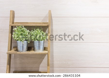Flowerpot on the stair with wood laminate background.