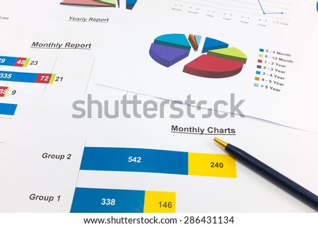 Financial paper charts and graphs point to Monthly charts.