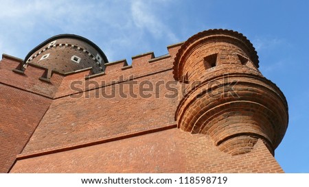 Fragment of walls of Wawel Castle, Krakow, Cracow. Poland. Red brick, gothic, defensive wall fortification. More of this motif and more Cracow in my port.