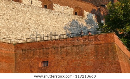 Wawel Castle, Krakow, Cracow. Poland. Red brick, gothic, defensive wall, fortification.