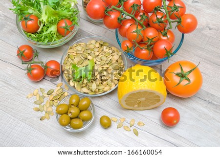 food ingredients in a wooden table. top view - horizontal photo.