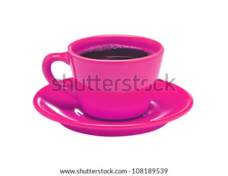 Pink cup of coffee on plate isolated on white background