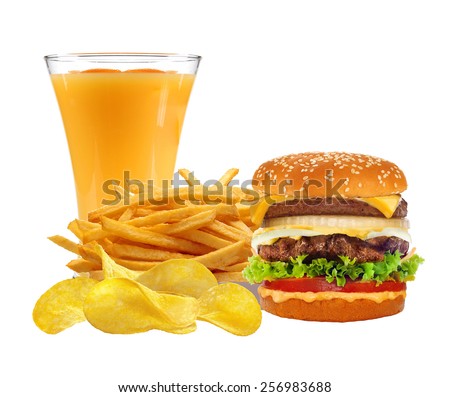 French fries in white box, cheeseburger and orange juice isolated on white