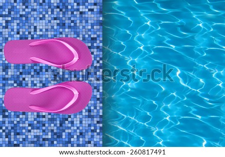 Swimming pool and pink beach shoes on tile