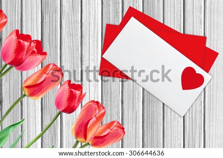 Envelope Mail and Red Tulips, Over White Wooden Background. Valentine Day, Love Wedding Concept