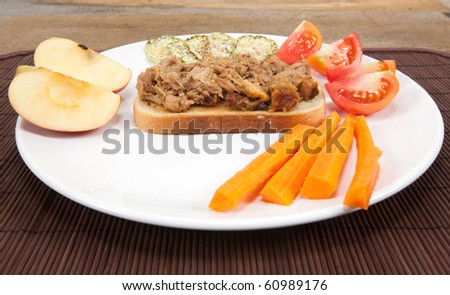 A wide angle studio shot of a plated pulled pork sandwich with side dishes of carrots,tomatoes,apples and dried cucumber slices.