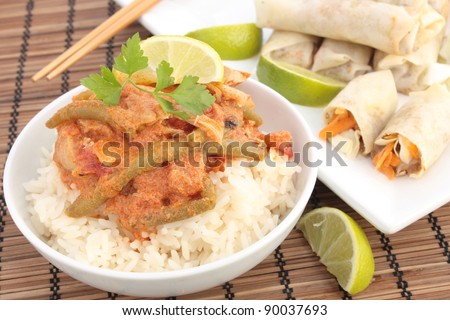 Thai chicken curry with coconut milk and lime. Served with crispy spring rolls.