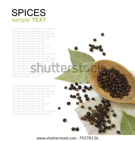spices isolated on white background, black pepper, bay leaf