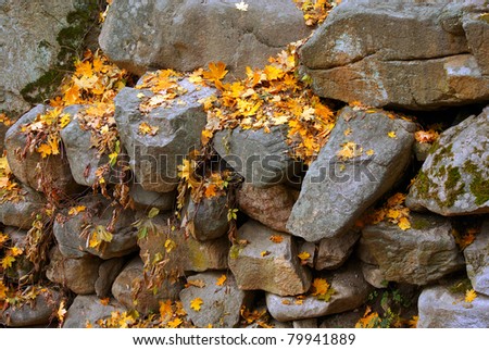 old stone wall, fall, fallen leaves, boulders