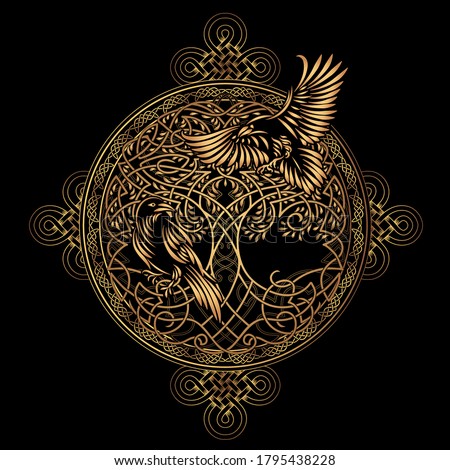 Celtic sacred symbols - Yggdrasil tree of life and totem birds raven Huginn and Muninn ravens of Odin Imagine de stoc © 