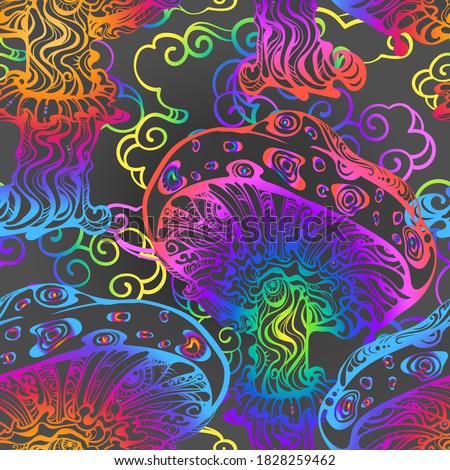 Psychedelic magic glowing mushrooms. Seamless pattern - goa trance music, hanging out, shindig, going out, the gang, rave, get together, culture. Hippie. Hashish. 60s
