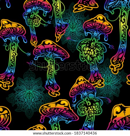 Psychedelic magic glowing mushrooms. Seamless pattern - goa trance music, hanging out, shindig, going out, the gang, rave, get together, culture. Hippie. Hashish 60s