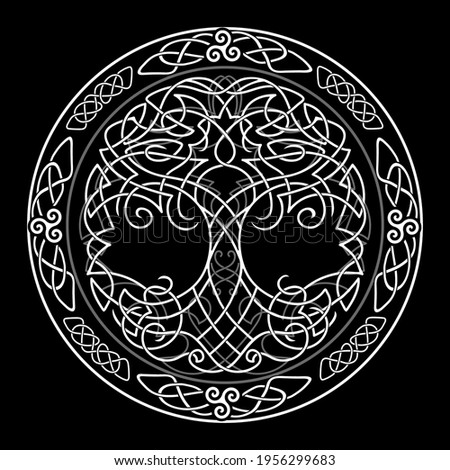 Yggdrasil tree of life Celtic sacred symbol. Celtic astronomy is a magical symbol of rebirth, positive energy and balance in nature. Vector tattoo, logo.