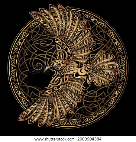 Odin's Celtic Raven on the background Yggdrasil tree. Scandinavian tattoo. Runic symbols. Trixel, Celtic cross, Gungir and knots. Vector illustration of Scandinavian myths. Imagine de stoc © 