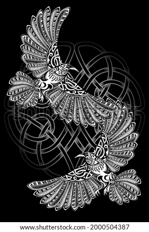 Odin's Celtic Raven. Scandinavian tattoo. Runic symbols in the Old Norse language mean Raven. Trixel, Celtic cross, Gungir and knots. Vector illustration of Scandinavian myths. Imagine de stoc © 