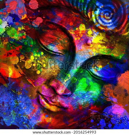 Head of Lord Buddha digital art collage combined with watercolor. An unusual painting hand drawn for the interior. Mantra Om mani padme hum, performed in Sanskrit and Tibetan langwith .