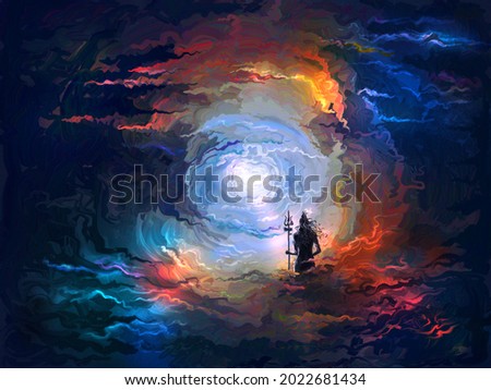 Mahadev is the great god of destruction and creation. Dramatic sky with glowing clouds and full moon. Lord Shiva stands with Trishula's trident and creates Peace. Hinduism. Shaivism. Ohm.