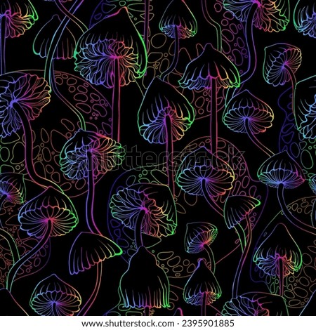 Psychedelic magic glowing mushrooms. Seamless pattern - goa trance music, hanging out shindig, going out, the gang. Goa trance art. Hippie Hashish 60s