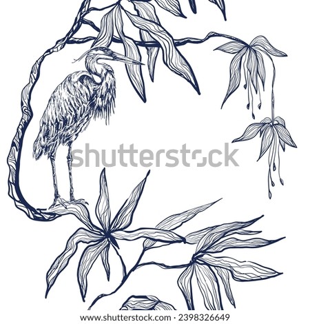 Heron on a tree - monochrome seamless pattern with graceful tropical plants and gracile heron. Inspired by ancient Asian graphic painting