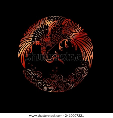 round, circular pattern - isolated crane taking off above the waves. Image in ancient Southeast Asian style, plate design