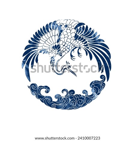 round, circular pattern - isolated crane taking off above the waves. Image in ancient Southeast Asian style, plate design