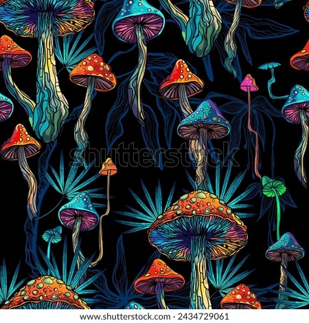 Psychedelic magic glowing mushrooms. Fly agarics. Amanita. Seamless vector pattern - goa trance music, hanging out shindig, going out, the gang, rave get together culture. Hippie Hashish 60s