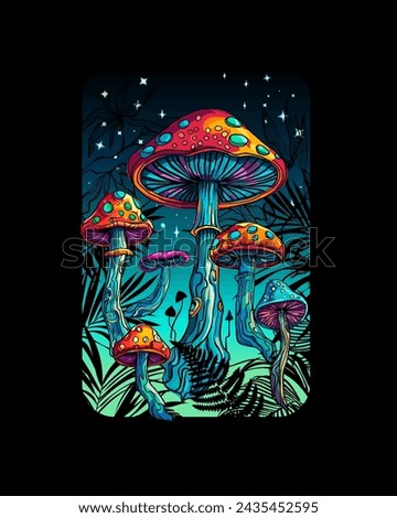 Psychedelic magic glowing mushrooms. Fly agarics. Amanita. Goa trance music, hanging out shindig, going out, the gang, rave get together culture. Hippie Hashish 60s. Fashionable modern print