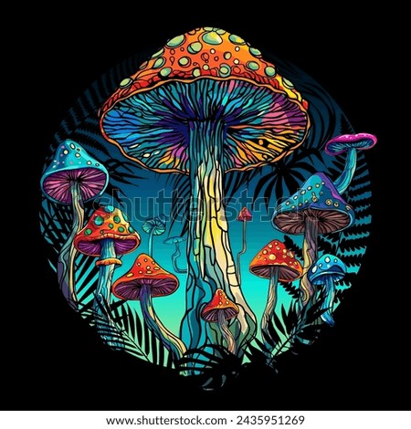 Psychedelic magic glowing mushrooms. Fly agarics. Amanita. Goa trance music, hanging out shindig, going out, rave get together culture. Hippie 60s. Fashionable modern print
