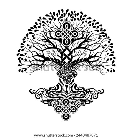 Yggdrasil tree of life Celtic sacred symbol. Celtic astronomy is a magical symbol of rebirth, positive energy and balance in nature. Vector tattoo, logo, print.