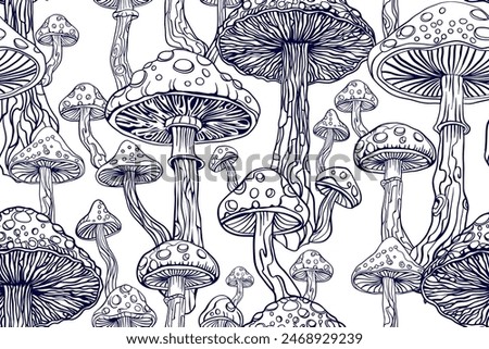 Monochrome two-color fly agarics. Mushrooms Amanita. Seamless vector pattern - goa trance music, hanging out shindig, going out, the gang, rave get together culture. Hippie retro style 60s, 70s 