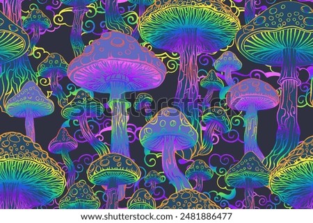 Psychedelic magic glowing mushrooms. Fly agarics. Amanita. Seamless vector pattern - goa trance music, hanging out shindig, going out, the gang, rave get together culture. Hippie retro style 60s, 70s 