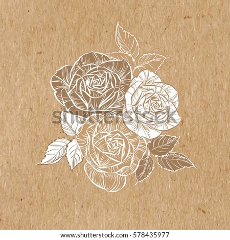 Hand-drawn vector white roses on kraft paper